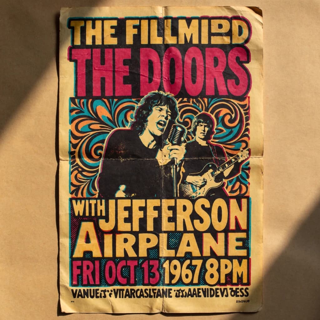 Make a 1960s concert poster featuring bold wood type, misaligned ink, creases.