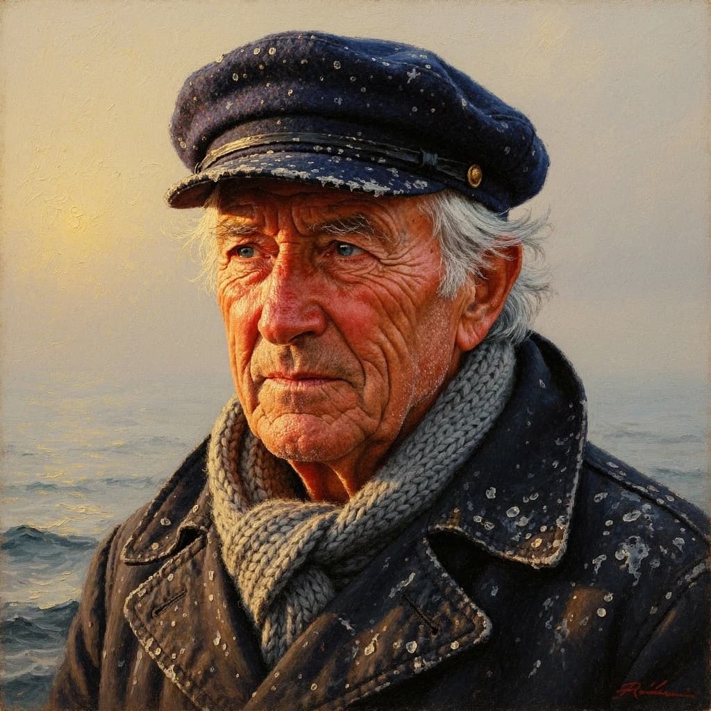 Oil on canvas portrait of an elderly sailor, weathered face, soft light.