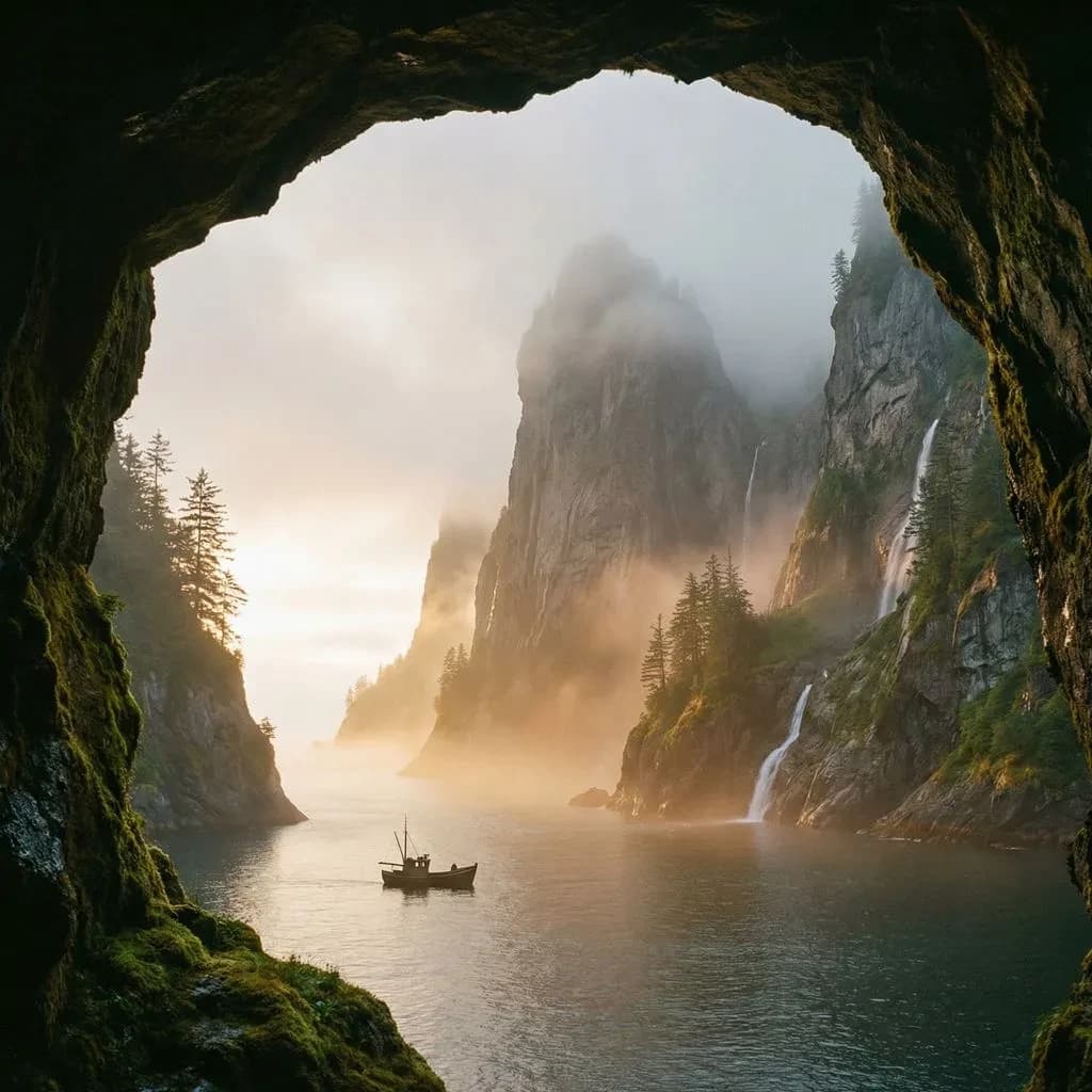 Frame a foggy fjord at sunrise, cliffs looming.