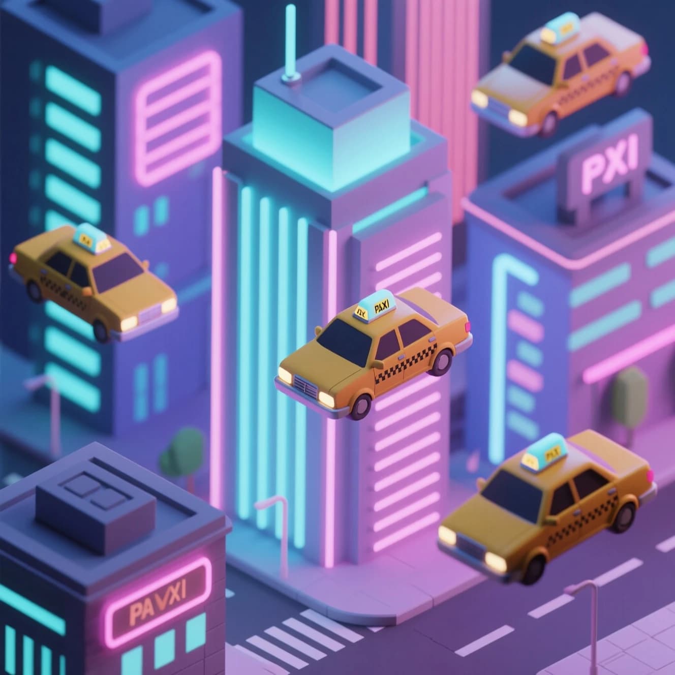 Design an isometric neon city with hovering taxis, clean lines, soft glow.