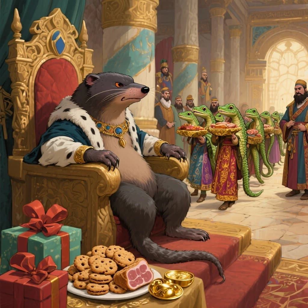Big Weasel, the tyrannical ruler of the Levitus, slouches on his throne, his mood foul but somewhat brightened by the sight of gifts - a wearisome group of lizard traders adorned in fine silks proceed toward him through the hall with their annual tribute of biscuits, ham and gold - Big Weasel's favourites. Big Weasel's entourage looks on with stern approval.
