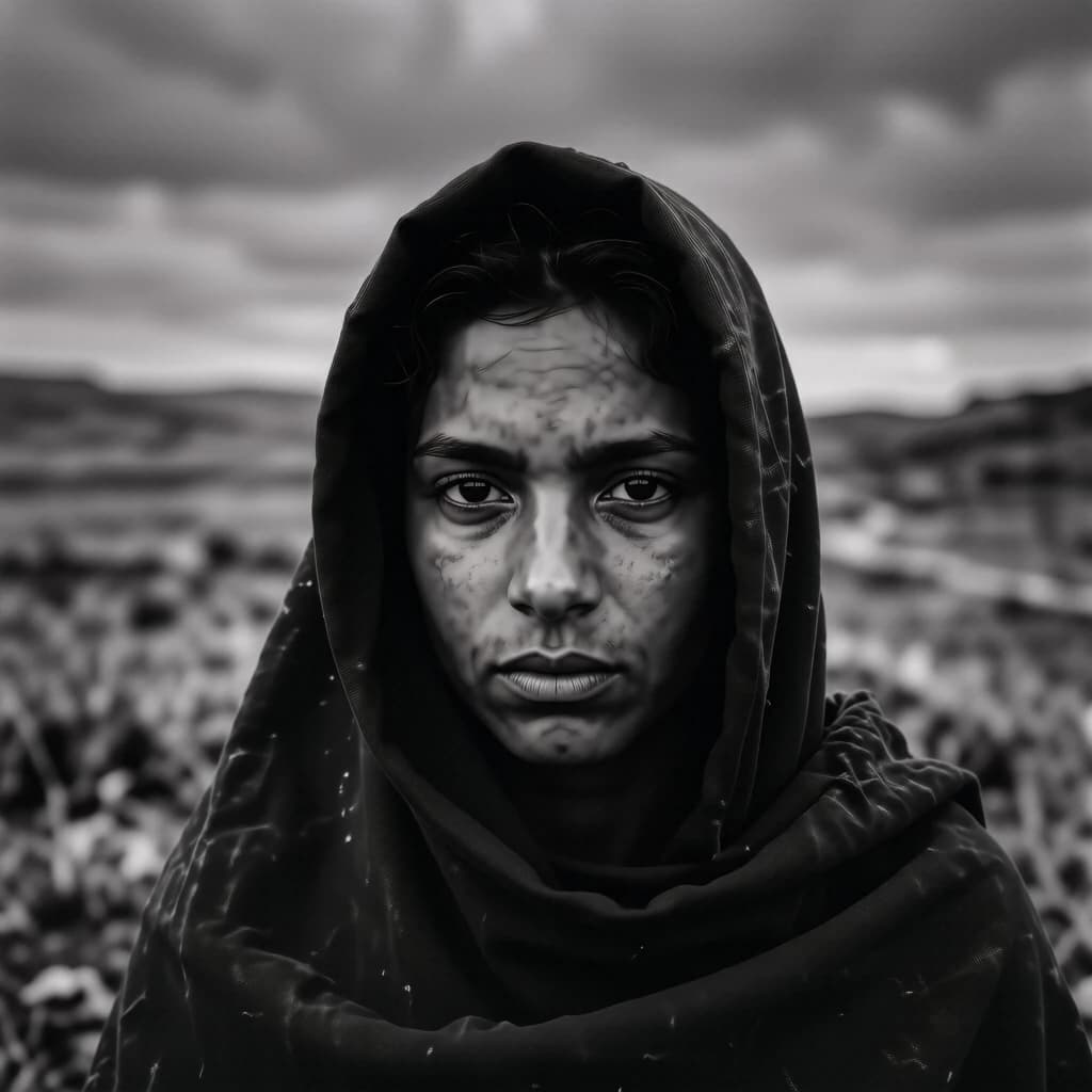 A dramatic black-and-white portrait of a young person draped in a hooded garment, their face framed by the hood's dark folds. Their skin tone and the subtle sheen on their cheeks create striking tonal contrast against the deep shadows. Their eyes are piercing, looking directly into the lens with a calm, steady intensity—neither confrontational nor submissive, but deeply present. The texture of the fabric is visible: it's dense, slightly weathered, and whisper-thin creases catch the light. In the background, an expansive, out-of-focus landscape suggests open space—perhaps distant plains or water—though the details remain soft and abstract. The overall mood is silent yet powerful, poised between vulnerability and resilience, with every highlight and shadow telling part of their story.