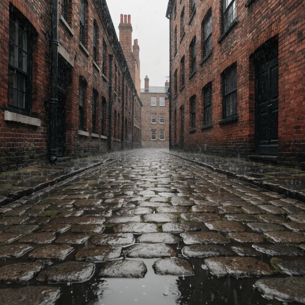 Show a narrow brick alley with wet cobblestones.