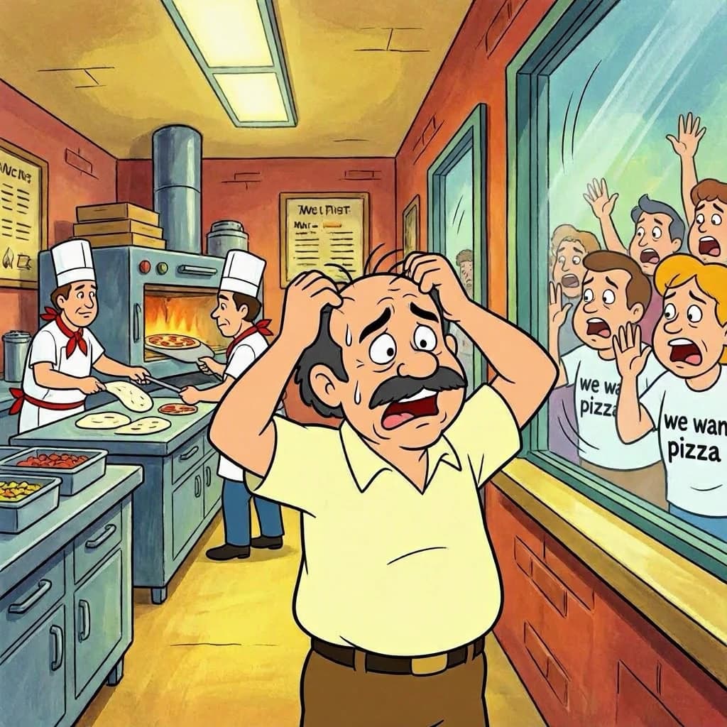 Pasquale is pulling his few remaining hairs out over a disaster at the pizzeria - the cooks are working as fast as they can but the crowds outside are swelling and they demand hot hot pizza! They are banging on the glass and some are wearing "we want pizza" shirts. 1980s western TV animation style.