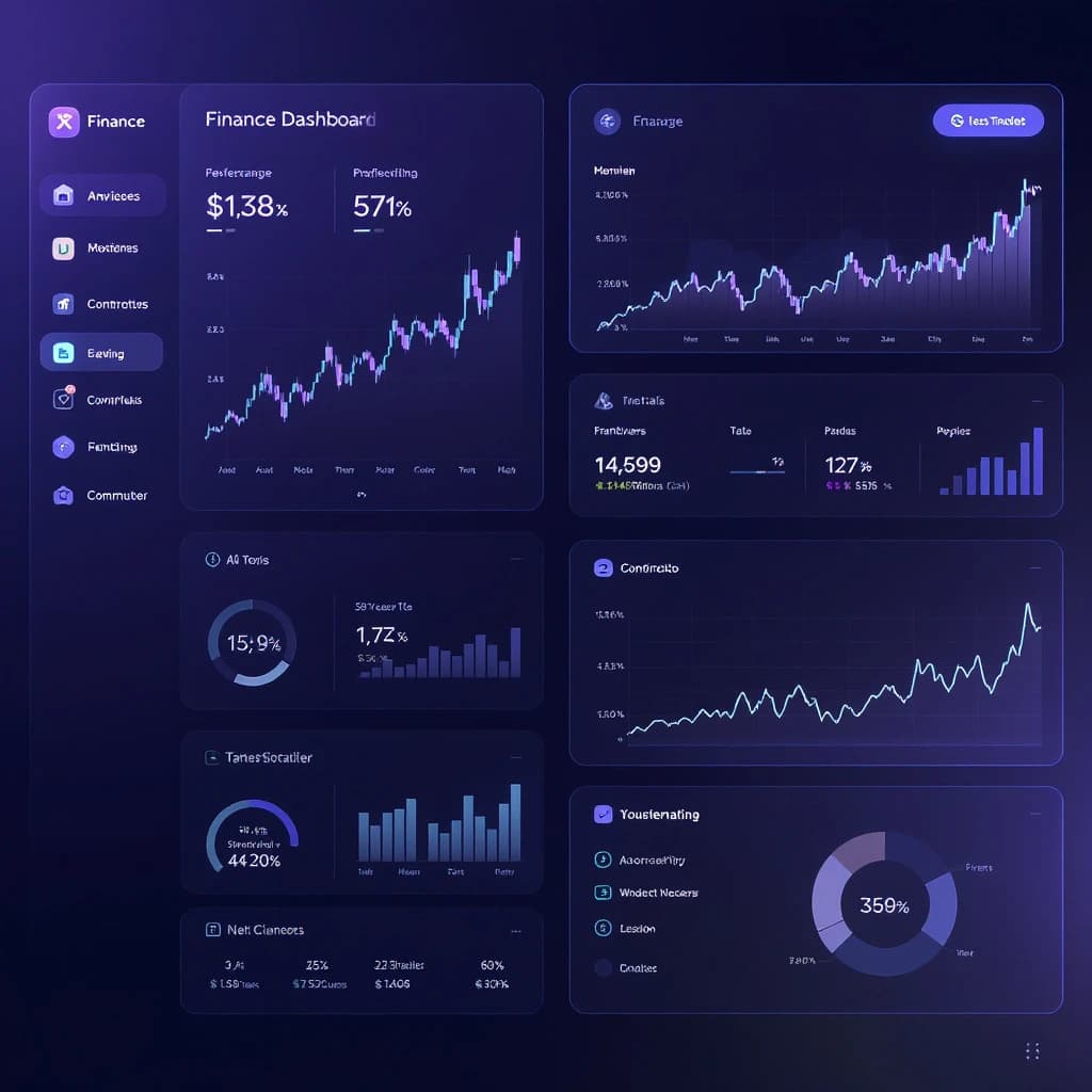 Make a dark mode finance dashboard with charts, glassmorphism, soft neon glow.