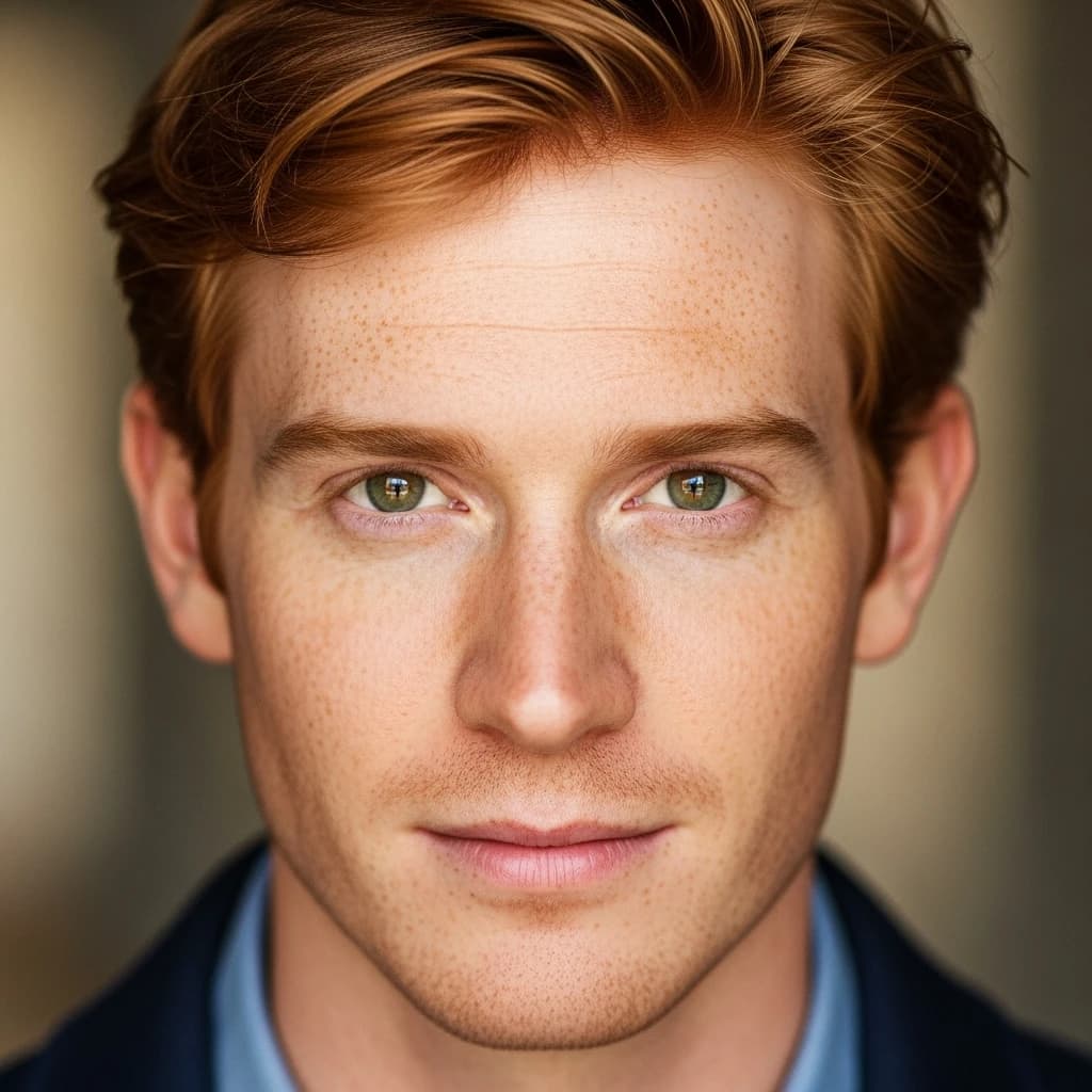 Shoot a natural light headshot of a red-haired man with freckles, green eyes.