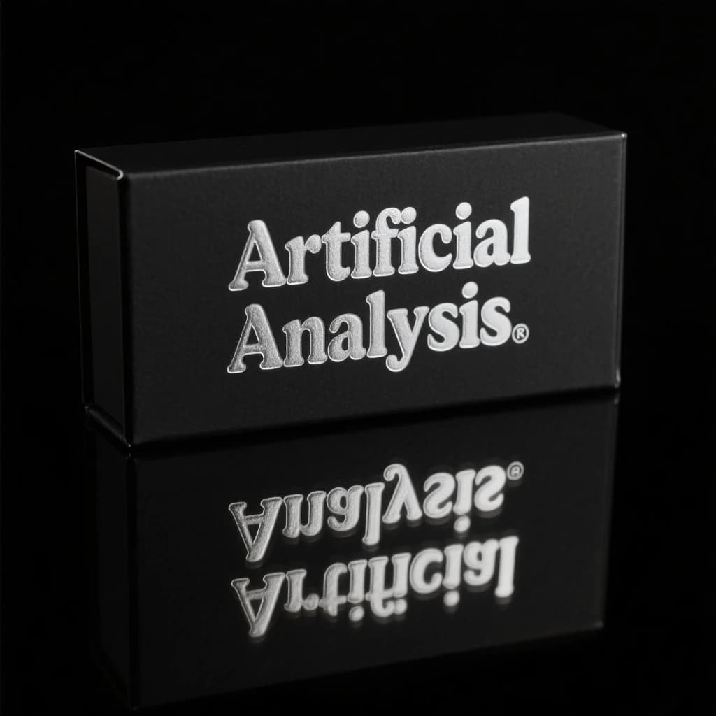 On the black box, silver foil embossing, centered: "Artificial Analysis" in Comic Sans Small Caps, perfectly justified. The letters are crisp, but the “Y” is duplicated faintly, ghosting right. On the box’s reflection, the word order is inverted: ARTIFICIAL ANALYSIS.