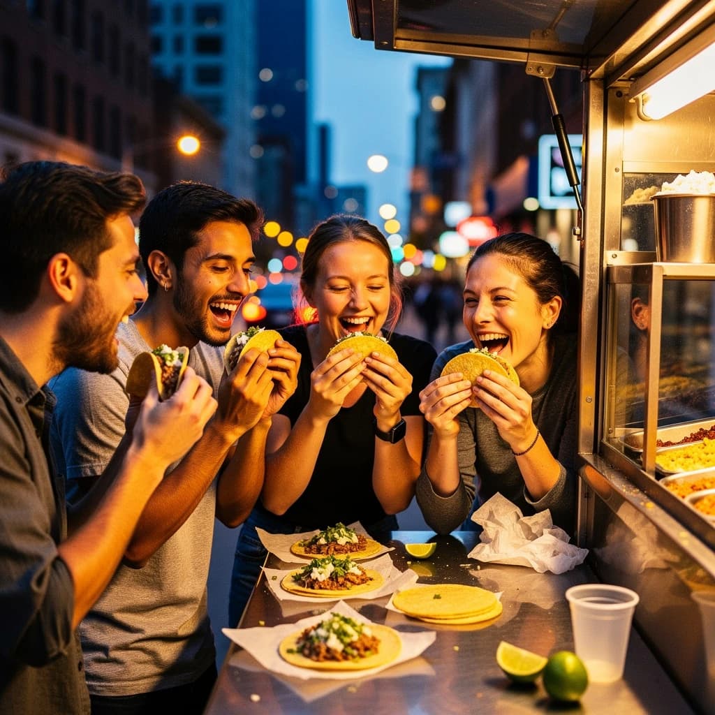 Friends laugh over street tacos at dusk, candid, shallow depth.