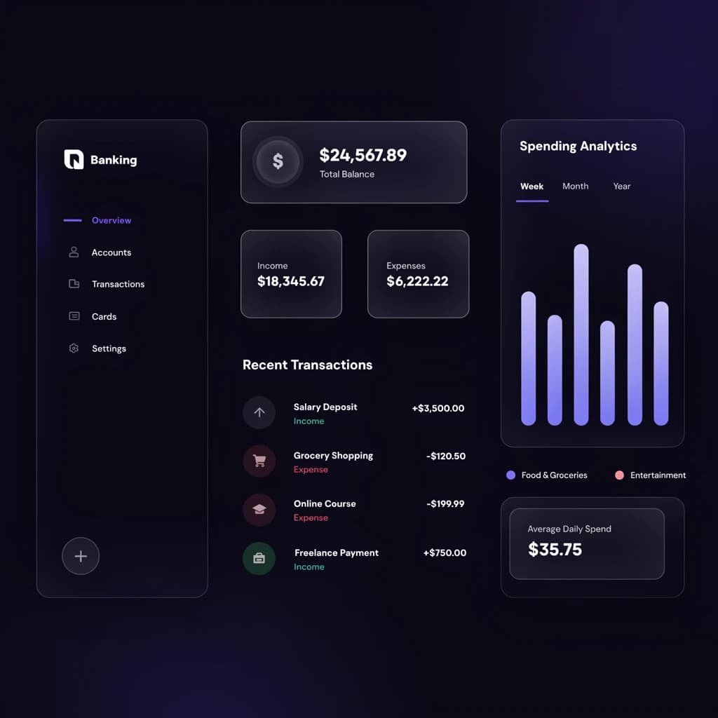 Dark mode banking dashboard with glassmorphism.