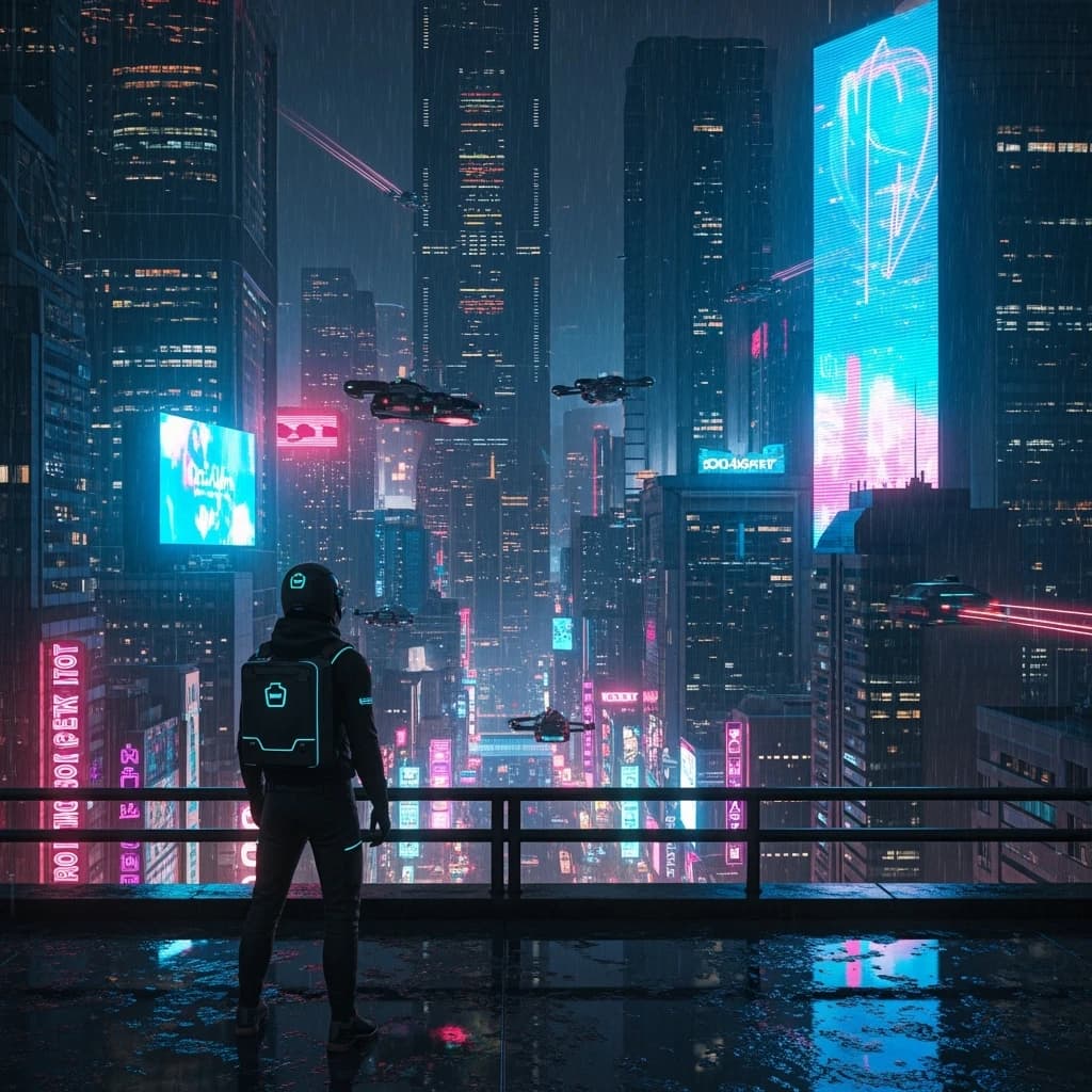 Rain-soaked neon megacity at night, flying taxis weave between glass towers, giant holograms flicker; a lone courier in a matte exosuit, somewhat cinematic wide angle.
