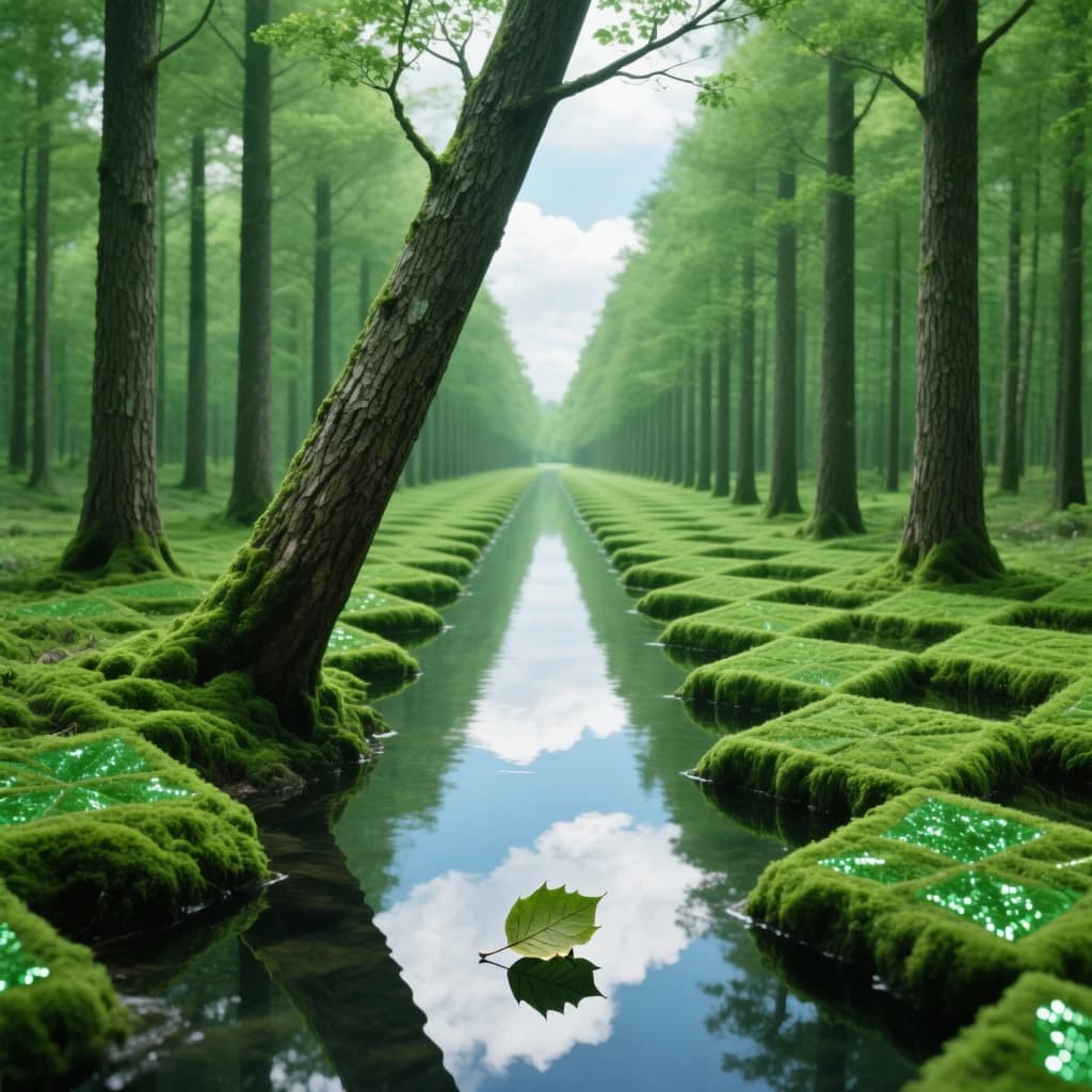 The forest is saturated green, trees identical in height and width, trunks straight, bark texture repeating. One trunk leans diagonally yet the branches remain vertical. The moss is emerald, glistening, though each patch forms identical diamond shapes. A stream runs straight, perfectly linear, water clear, reflecting clouds not visible in the sky. No animals, no insects, but one leaf floats on the water, doubled, showing two overlapping shadows.