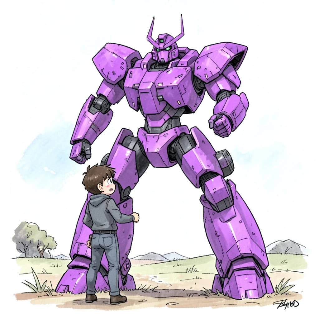 Clad in his body suit up to the neck, young Masa nervously approaches the towering mech with his back facing us. He is nervous for his first time in the field. The mech's bright purple colour scheme contrasts with the grey body suit. The scale of the mech dwarfs Masa. Hand drawn style