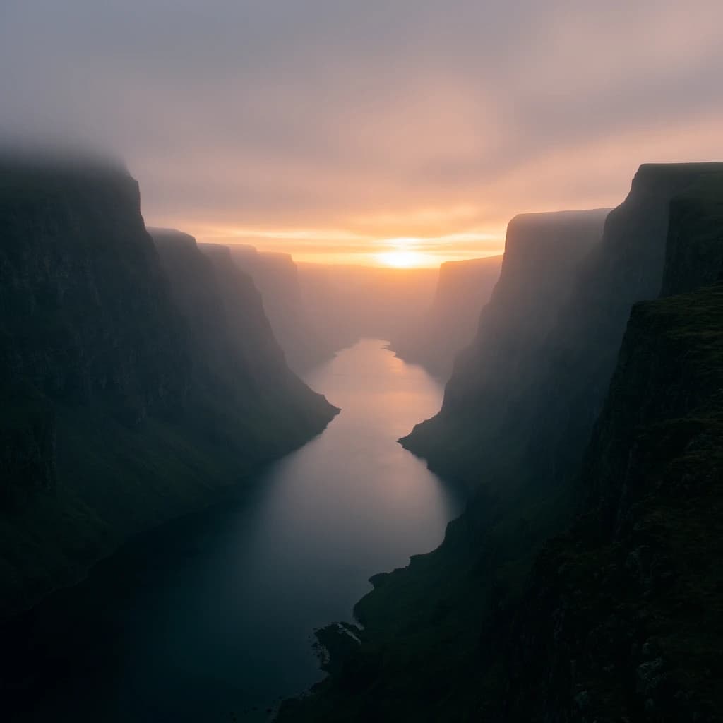 Frame a foggy fjord at sunrise, cliffs looming.