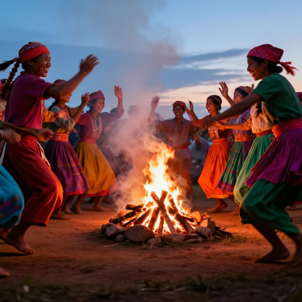 Make an oil painting of villagers dancing by a bonfire at dusk, a bit smoky.