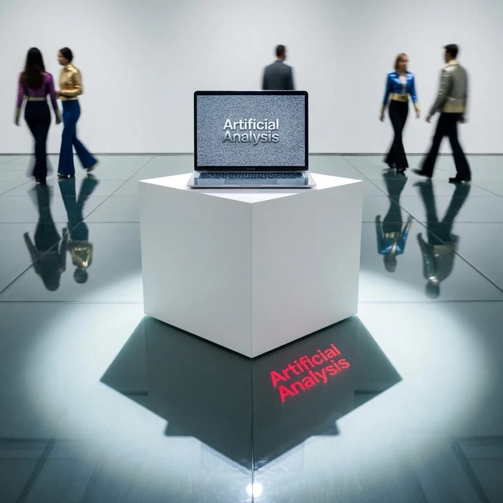 In a spotless gallery space, a pedestal supports a transparent laptop whose screen flickers between static and pristine brand imagery. Shoppers blur past in designer clothes that appear slightly outdated - bell bottoms, metallic jackets. The embossed logo “Artificial Analysis” glints silver, yet its reflection in the glass floor reads in crimson letters. A single spotlight shines, though shadows fall in two directions.