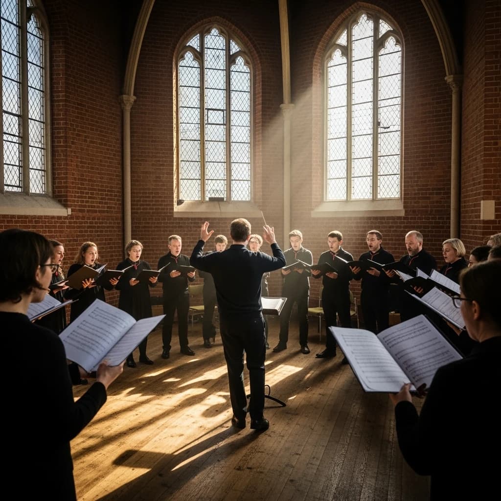 A choir rehearses in a brick hall as somewhat dramatic morning light falls through high windows, with a patient conductor mid-gesture, open scores, intent faces, slight motion blur.