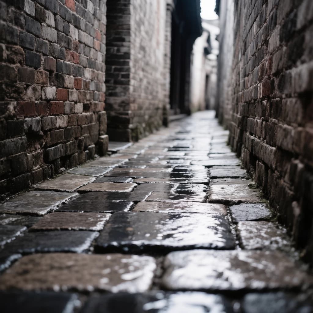 Show a narrow brick alley with wet cobblestones.