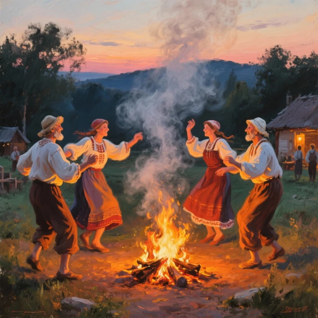 Make an oil painting of villagers dancing by a bonfire at dusk, a bit smoky.
