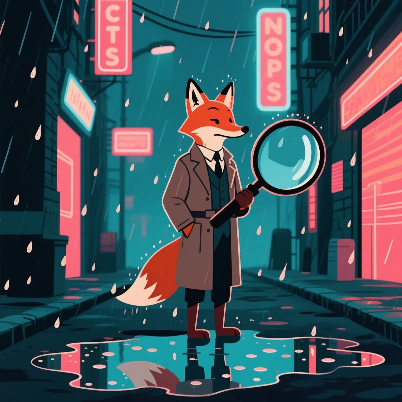 A fox detective stands in a rainy neon alley, bold outlines, flat colors, oversized magnifying glass; a bit moody, puddles reflect signs, raindrops like small dashes.