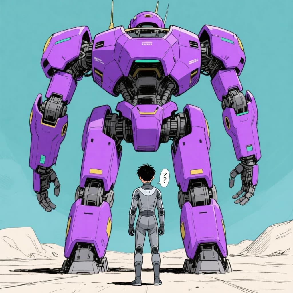 Clad in his body suit up to the neck, young Masa nervously approaches the towering mech with his back facing us. He is nervous for his first time in the field. The mech's bright purple colour scheme contrasts with the grey body suit. The scale of the mech dwarfs Masa. Hand drawn style