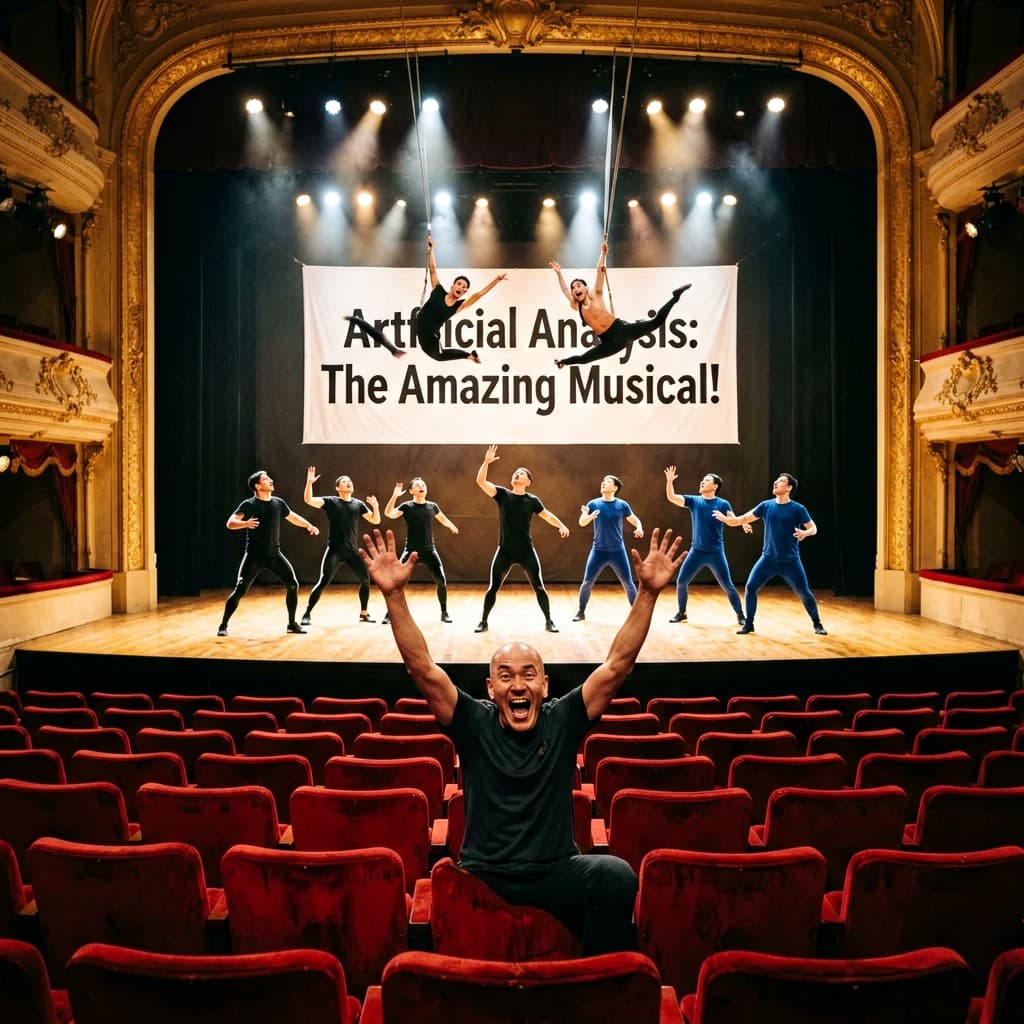 The musical troupe do a rehearsal in a large, empty theatre. 9 people are on the stage, half wear black and the others wear blue. The skinny bald director, seated in the second row, is practically leaping out of their seat with excitement as the leads nail their aerial. A giant banner reading "Artificial Analysis: The Amazing Musical!" is behind the actors.