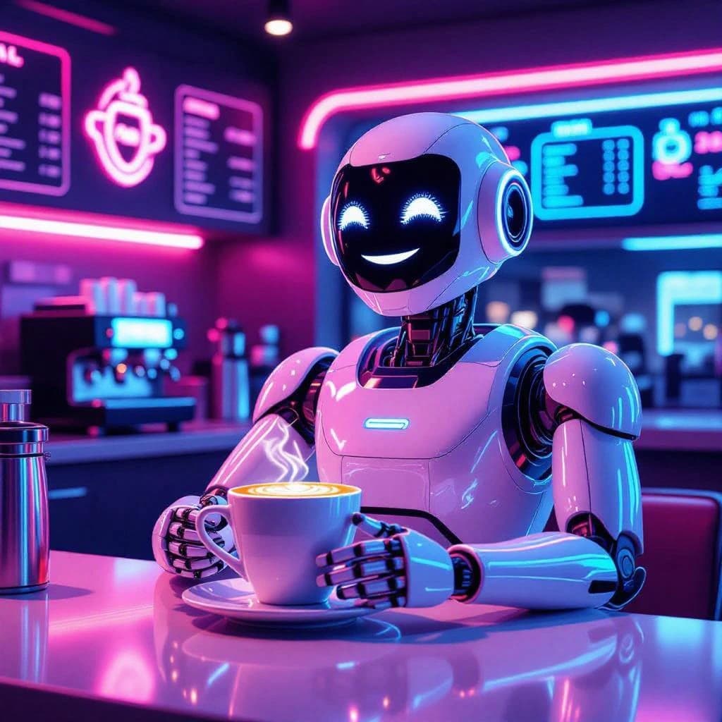 A smiling robot barista serves glowing lattes in a neon diner with bold lines.