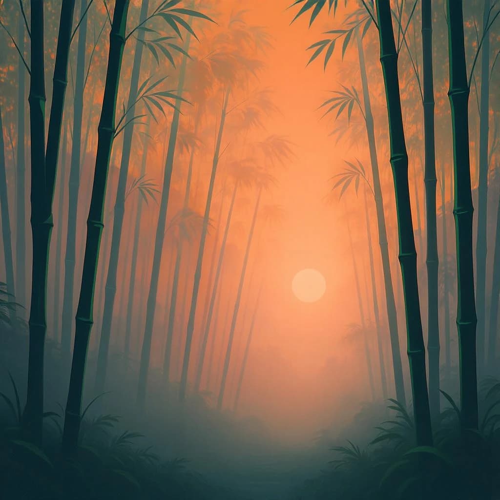 Give me a misty bamboo forest at sunrise, bold outlines, slightly cel-shaded.