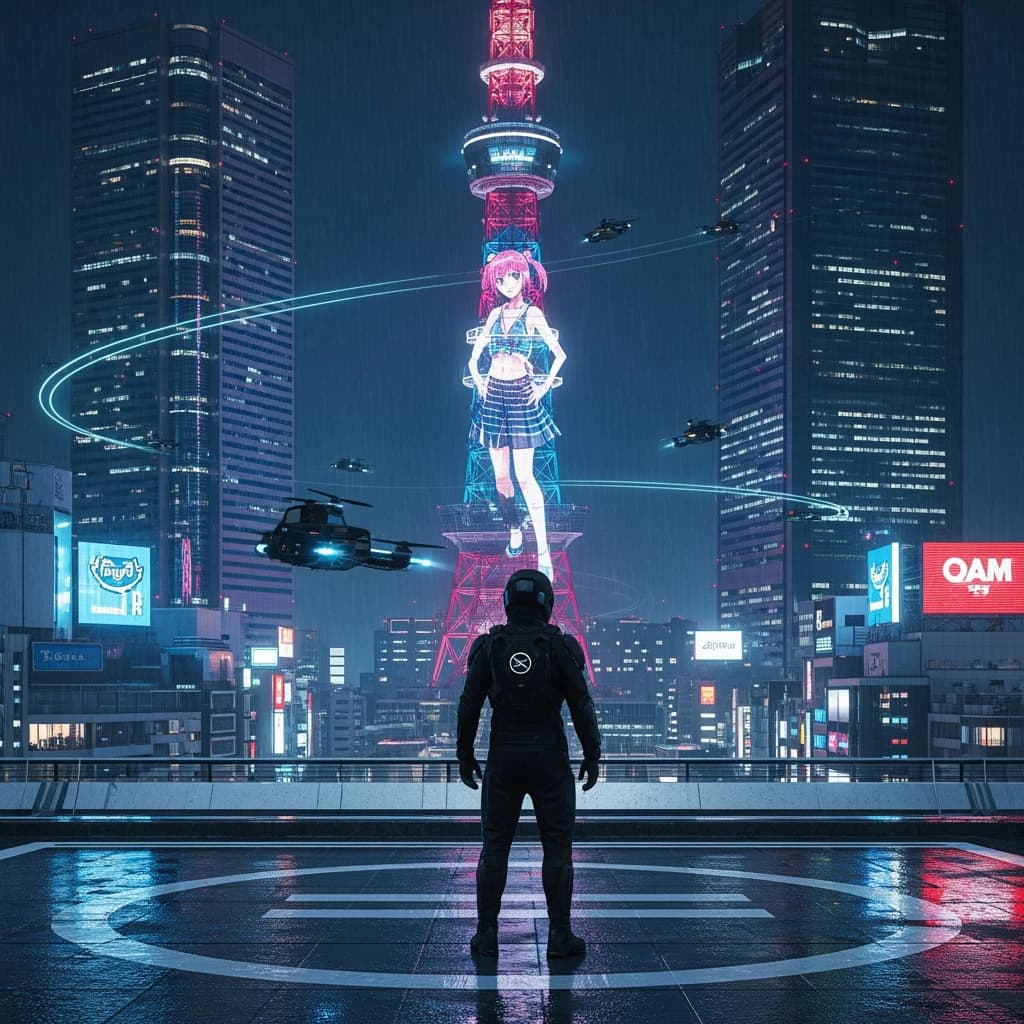 Rain-soaked neon megacity at night, flying taxis weave between glass towers, giant holograms flicker; a lone courier in a matte exosuit, somewhat cinematic wide angle.