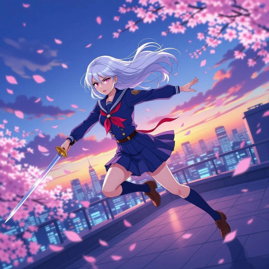 Wind-swept rooftop at dusk, a silver-haired swordswoman in a navy school uniform leaps, luminous eyes, cel shading, cherry blossoms swirl, neon city, dynamic angle, speed lines.