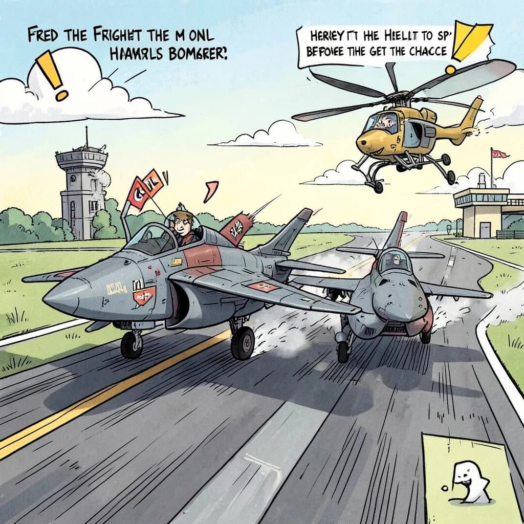 Almost at the runway, Fred the Fighter Jet is racing with Barry the Bomber to see who lands first. Fred has a mischievous trick up his sleeve but Hermione the Helicopter is going to stop him before he gets the chance. The control tower is very angry and has a big exclamation mark. Hand drawn cel look