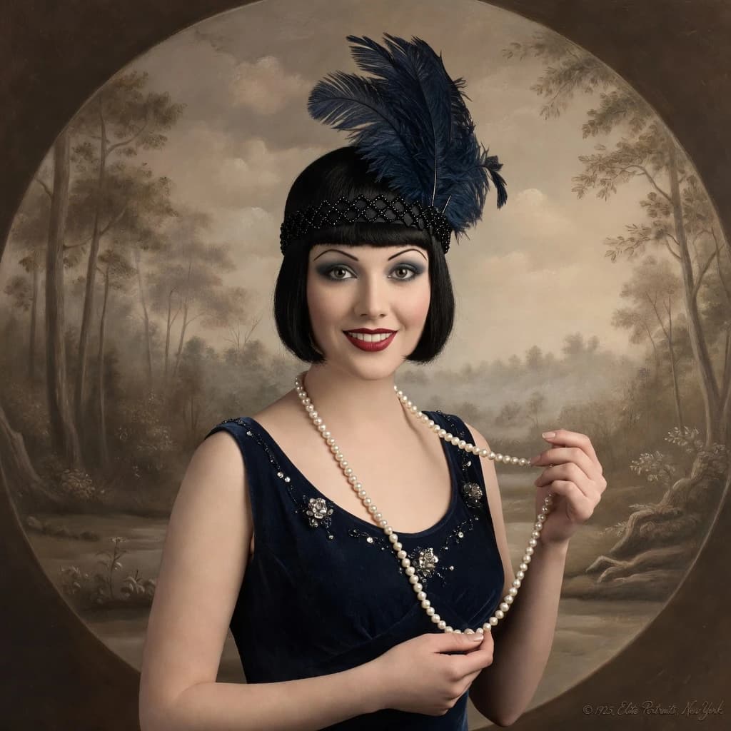 Sepia-toned studio portrait of a flapper with pearl necklace, soft grain.