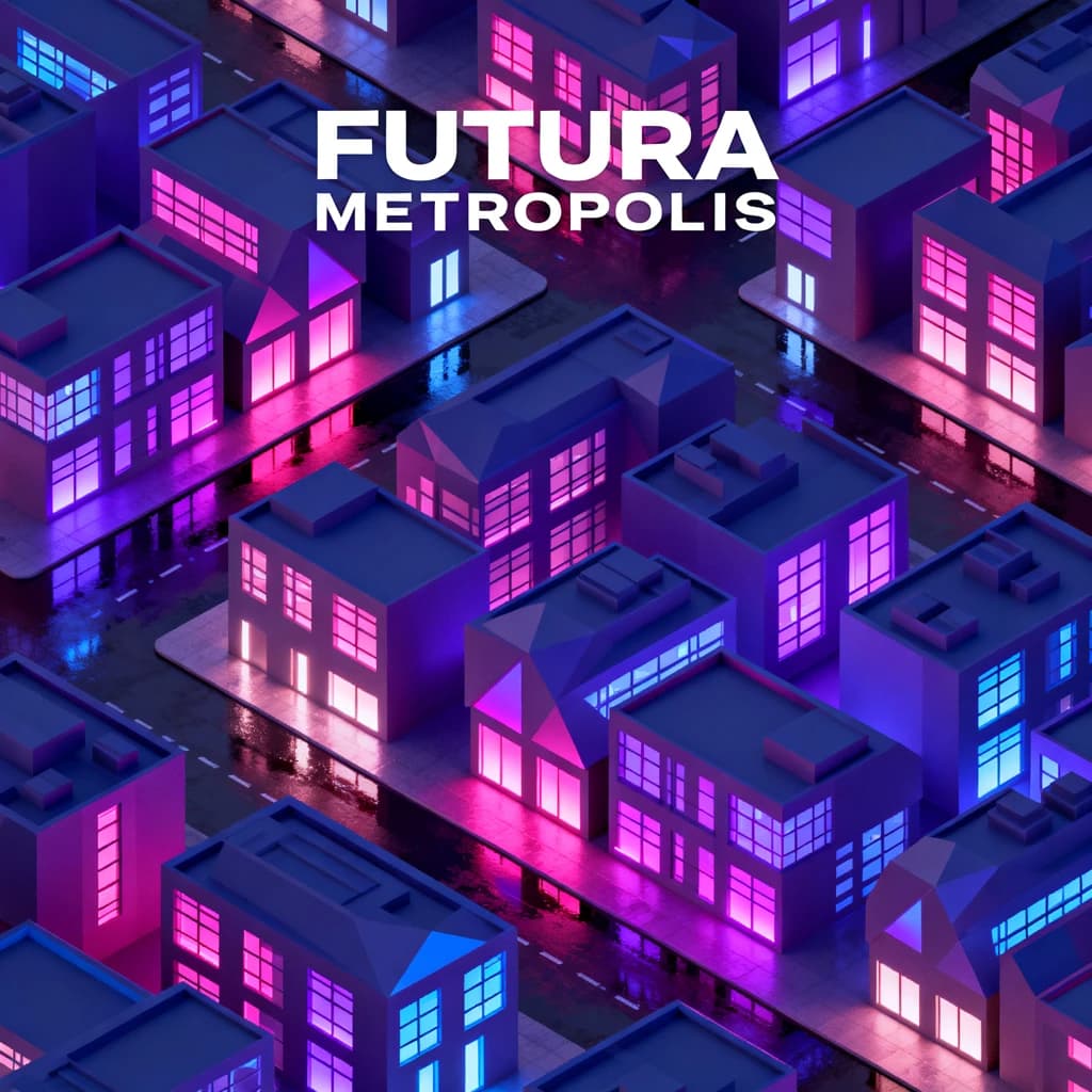 Render an isometric city poster with geometric buildings, neon gradients, gloss highlights, soft AO shadows, clean sans-serif lettering, grid layout, reflections a bit overexposed.