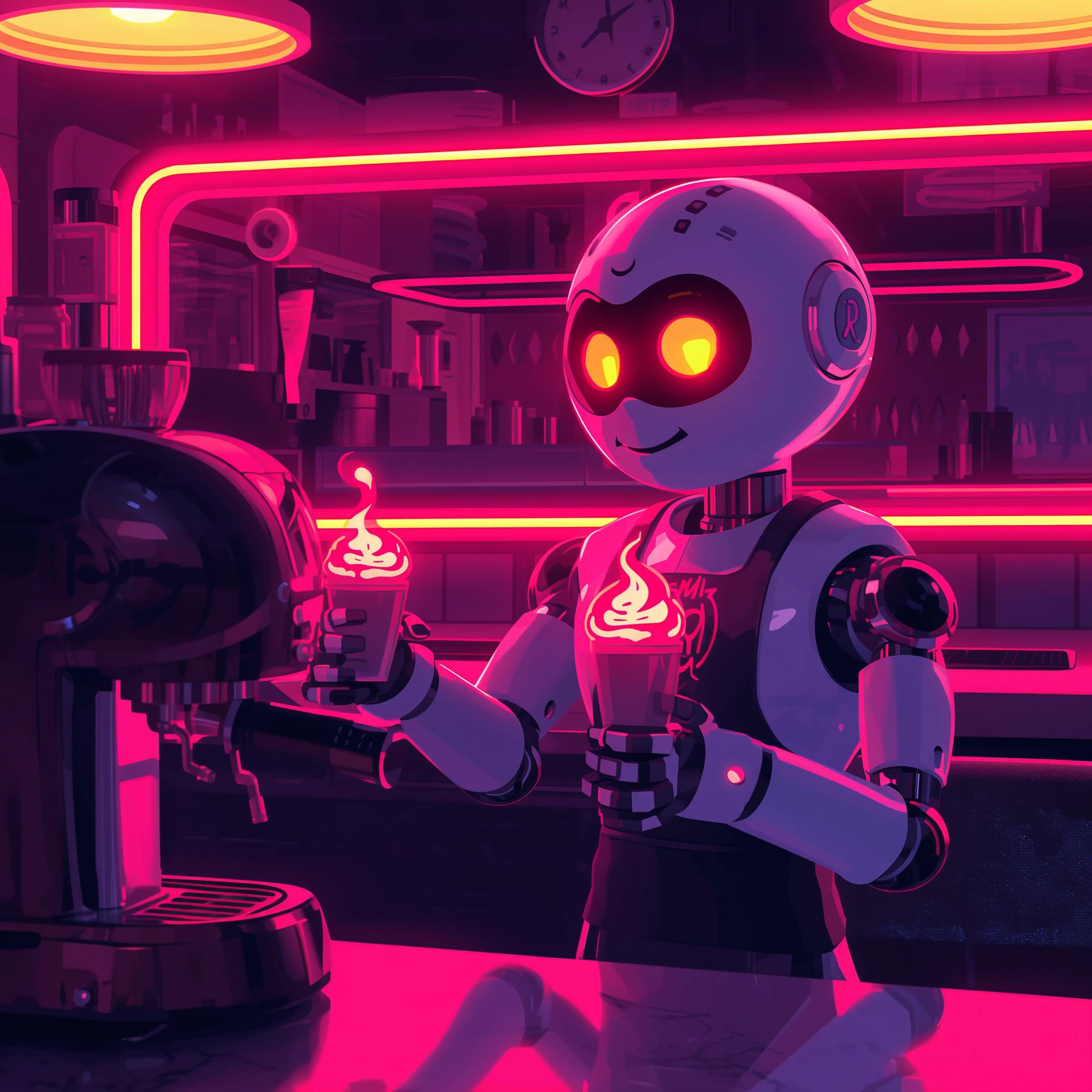 A smiling robot barista serves glowing lattes in a neon diner with bold lines.