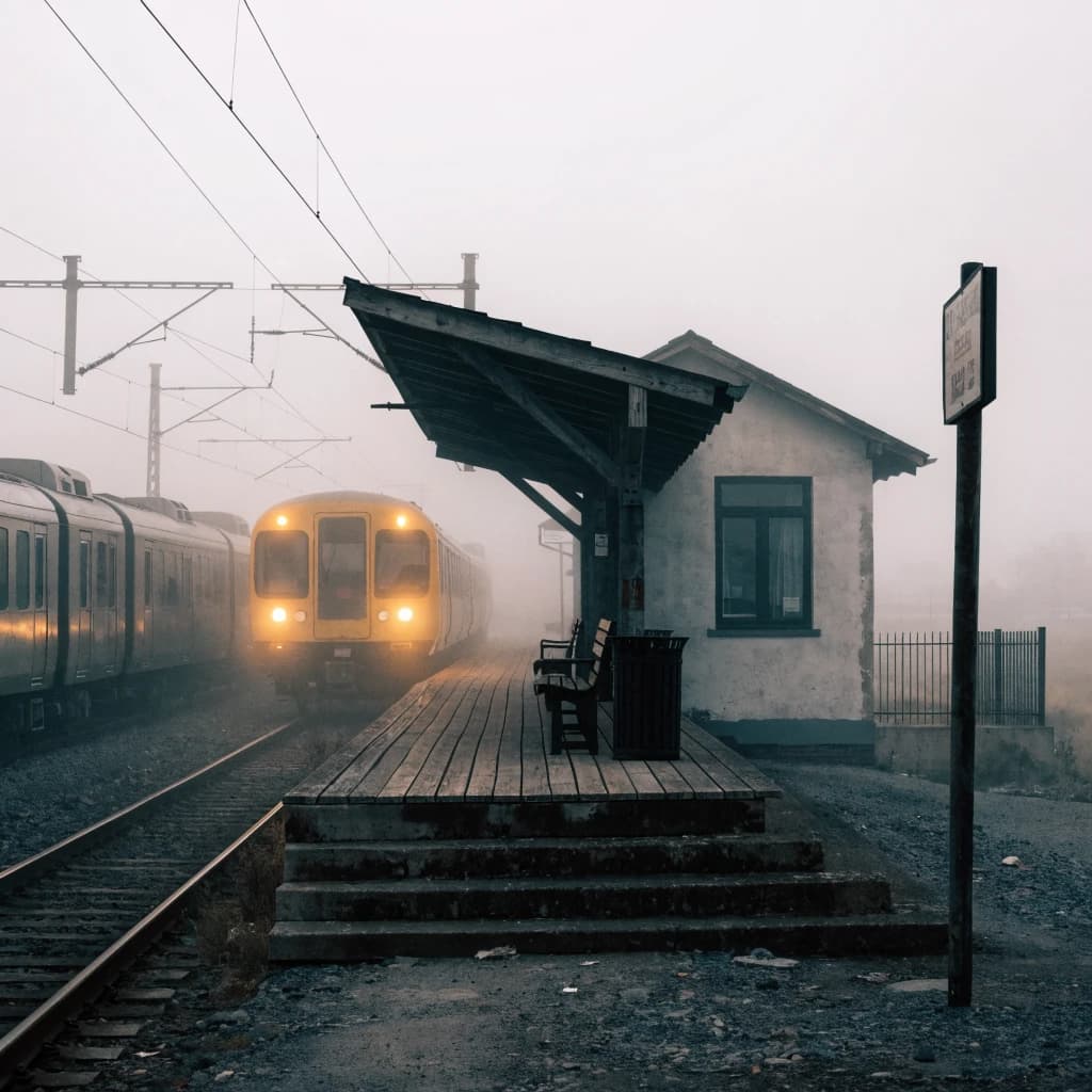 A commuter train enters a foggy little station.