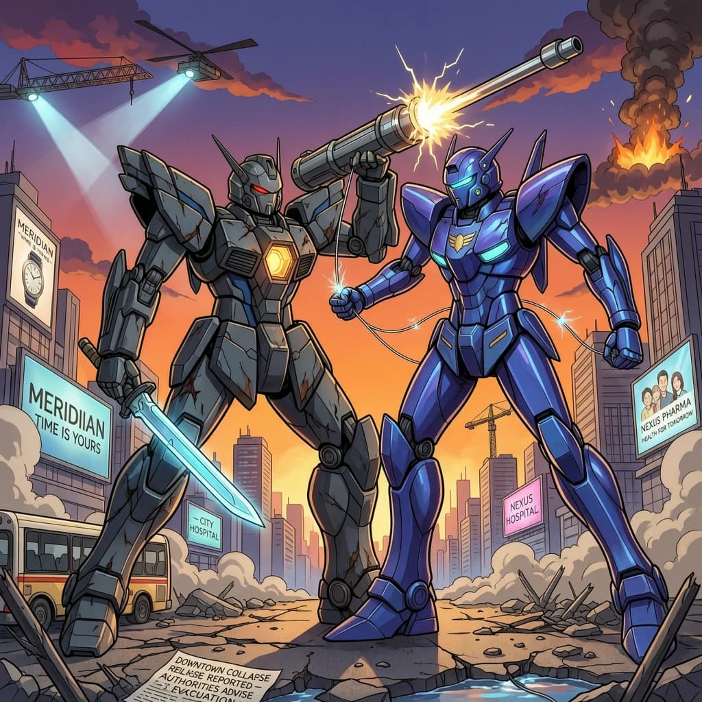 Make a cel-shaded mecha duel at dusk downtown.