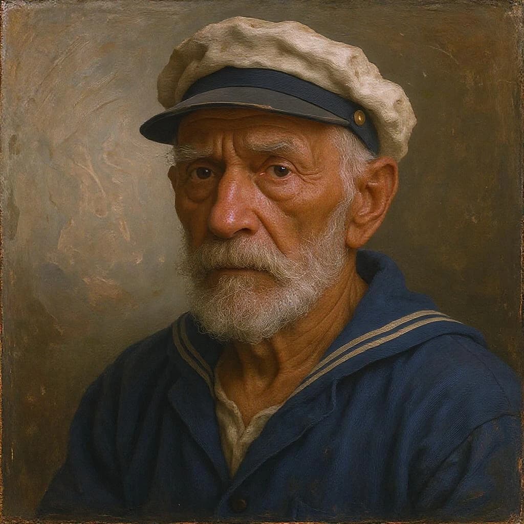 Oil on canvas portrait of an elderly sailor, weathered face, soft light.