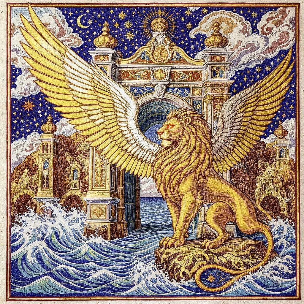 Paint an illuminated manuscript scene of a winged lion guarding a sea gate.