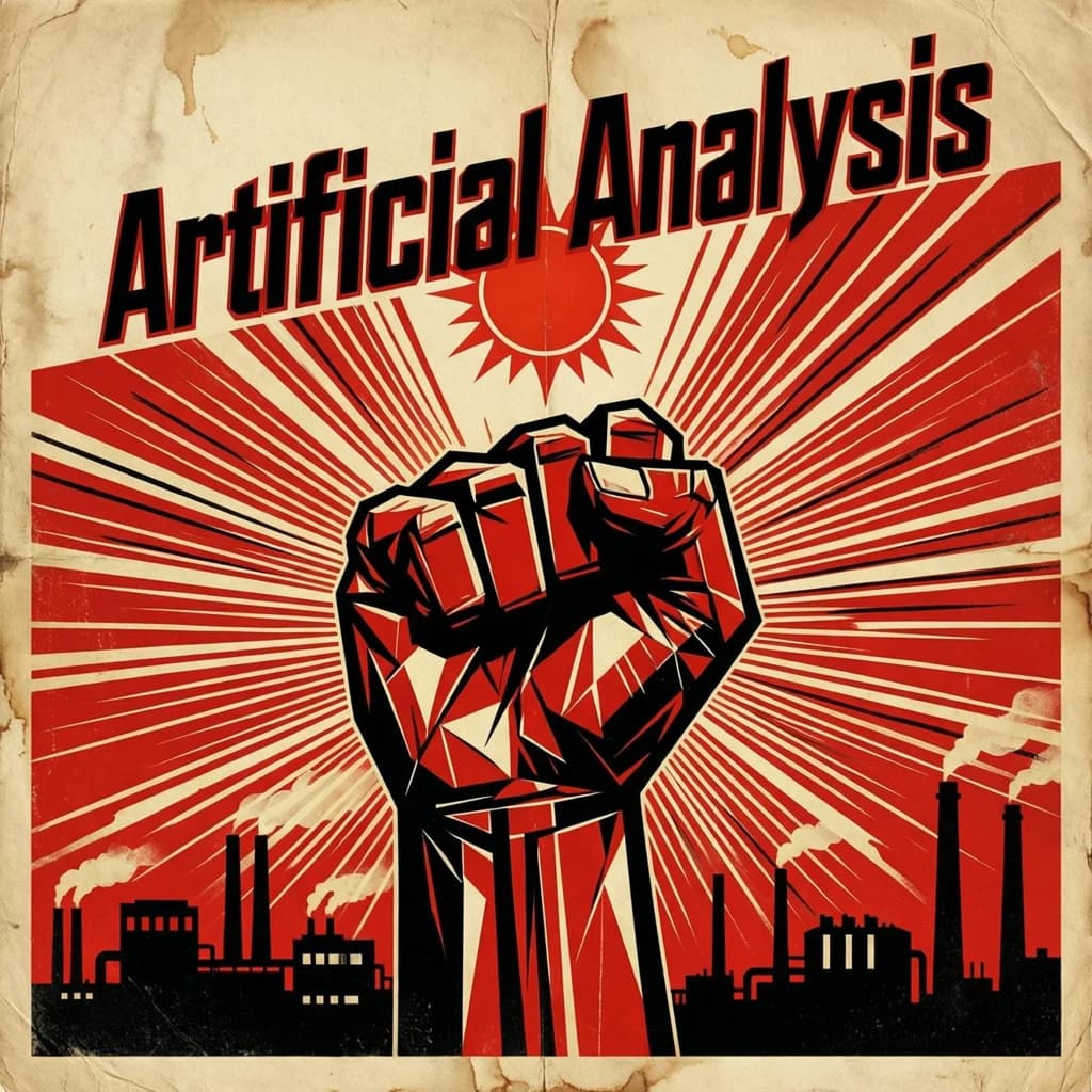 A propaganda poster in stark red, black, and beige. A clenched fist rises in the foreground, rendered with sharp geometric blocks. Behind it, radiating lines stretch upward toward a stylized sun. At the top, bold sans-serif lettering in Cyrillic-inspired type spells out Artificial Analysis, tilted at an angle for emphasis. A factory skyline silhouettes the bottom edge, smoke stacks rising into the background. The texture is rough, printed on aged paper with visible creases and ink bleed. Designed in the constructivist Soviet poster style.