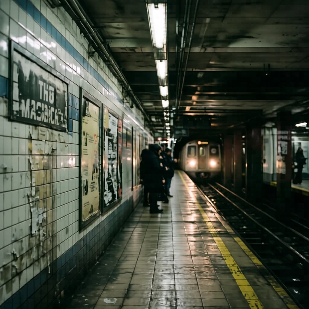 A subterranean subway platform with glossy tiles, peeling posters, flickering fluorescent lights, yellow safety line, and a distant train coming; slightly damp, echoes carry.