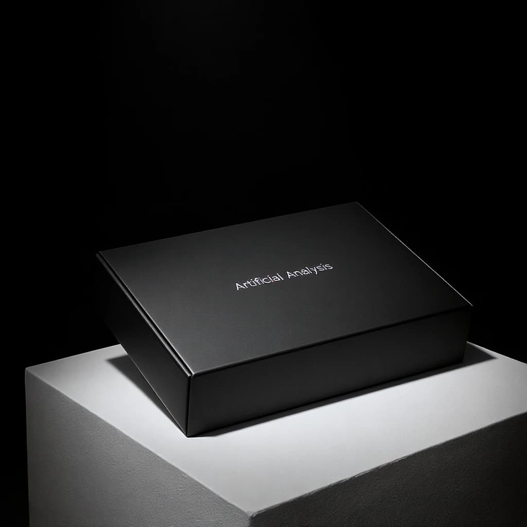 A premium matte black laptop-sized box rests on a pure white pedestal within a gallery space. Overhead, a single spotlight carves sharp contrast, leaving the edges in deep shadow. The brand name Artificial Analysis is embossed in silver foil, glinting faintly as though it were jewelry.