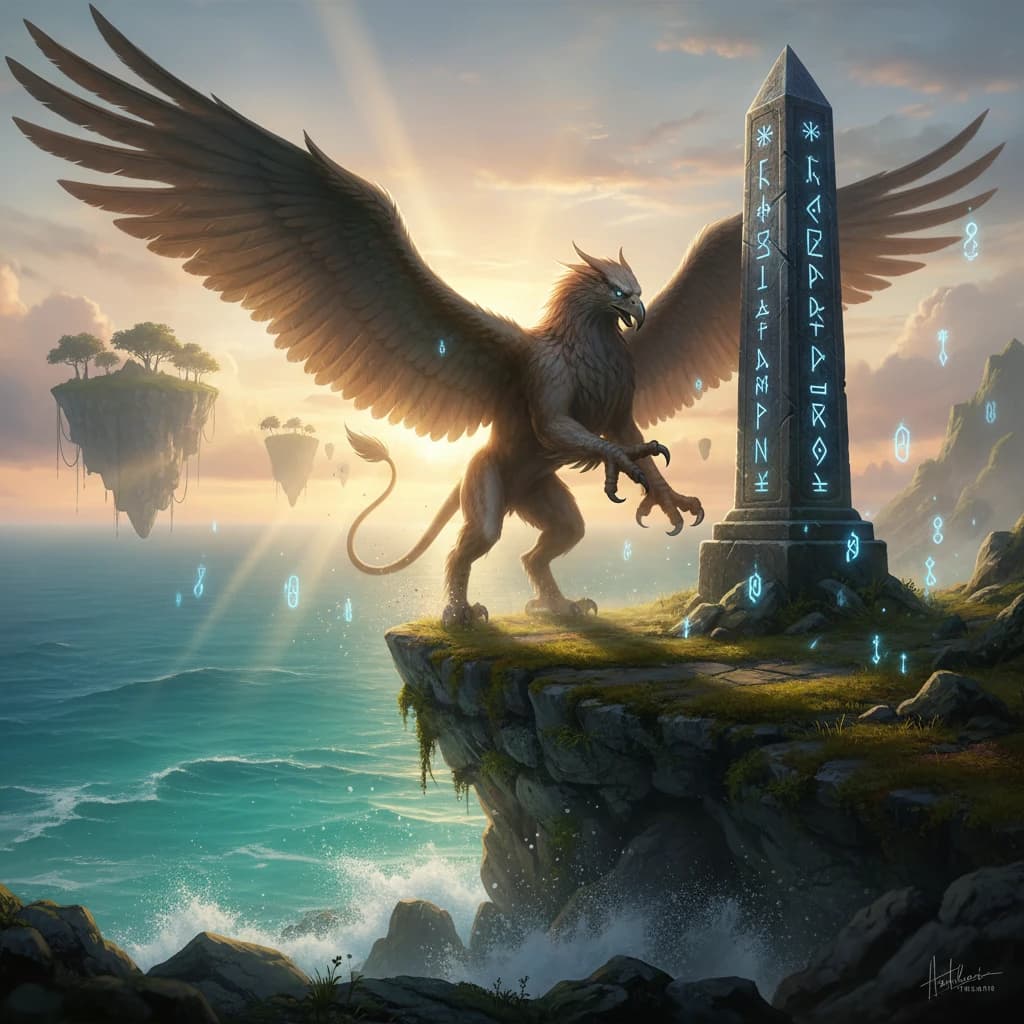 At dawn, a winged griffin lands on a mossy cliff above a jade sea beside a runed obelisk; floating isles drift under golden sunbeams, with a bit of sea spray and glowing runes.