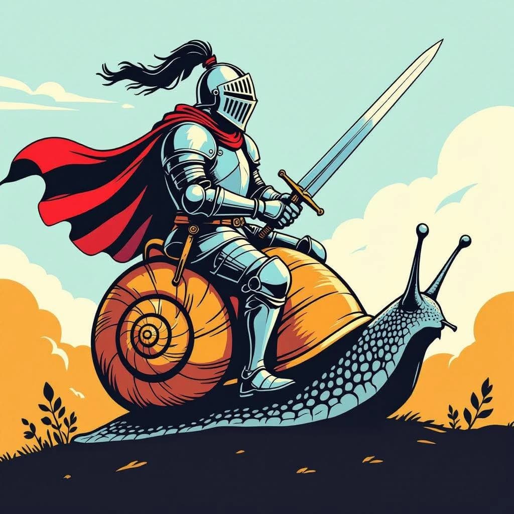 A knight rides a snail, bold lines, flat color.