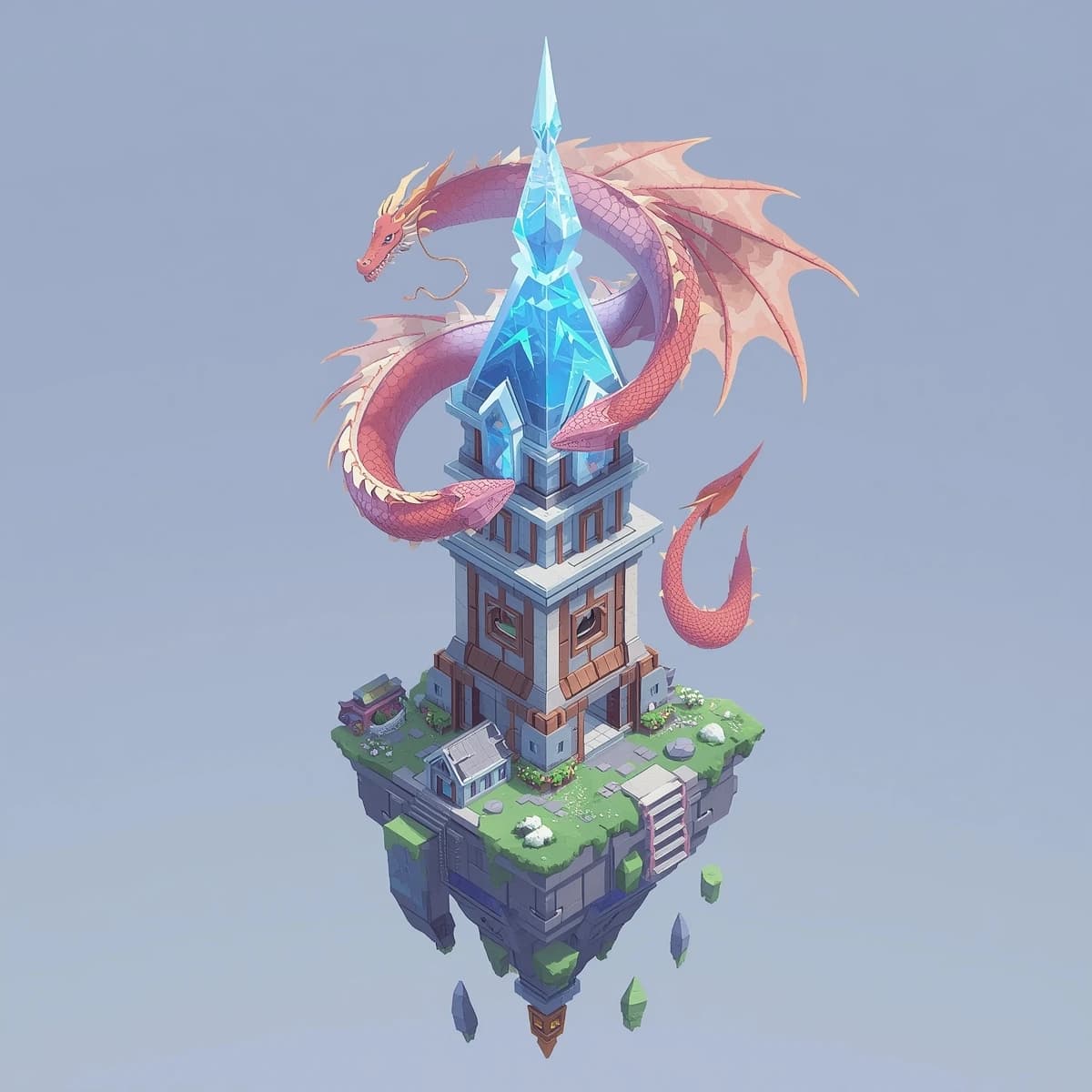 Render an isometric 3D crystal dragon circling a floating tower.