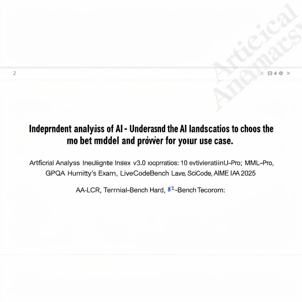 On a white dashboard with thin gray dividers, place a centered header in Helvetica Neue Bold, 20pt: “Independent analysis of AI - Understand the AI landscape to choose the best model and provider for your use case.” Directly beneath, a subheader in smaller Regular weight, 14pt: “Artificial Analysis Intelligence Index v3.0 incorporates 10 evaluations: MMLU-Pro, GPQA Diamond, Humanity's Last Exam, LiveCodeBench, SciCode, AIME 2025, IFBench, AA-LCR, Terminal-Bench Hard, 𝜏²-Bench Telecom.” The header is fully justified but the subheader is left-aligned. In the upper right corner, the Artificial Analysis logo appears watermarked, diagonal, faint gray, partially overlapping the scrollbar.