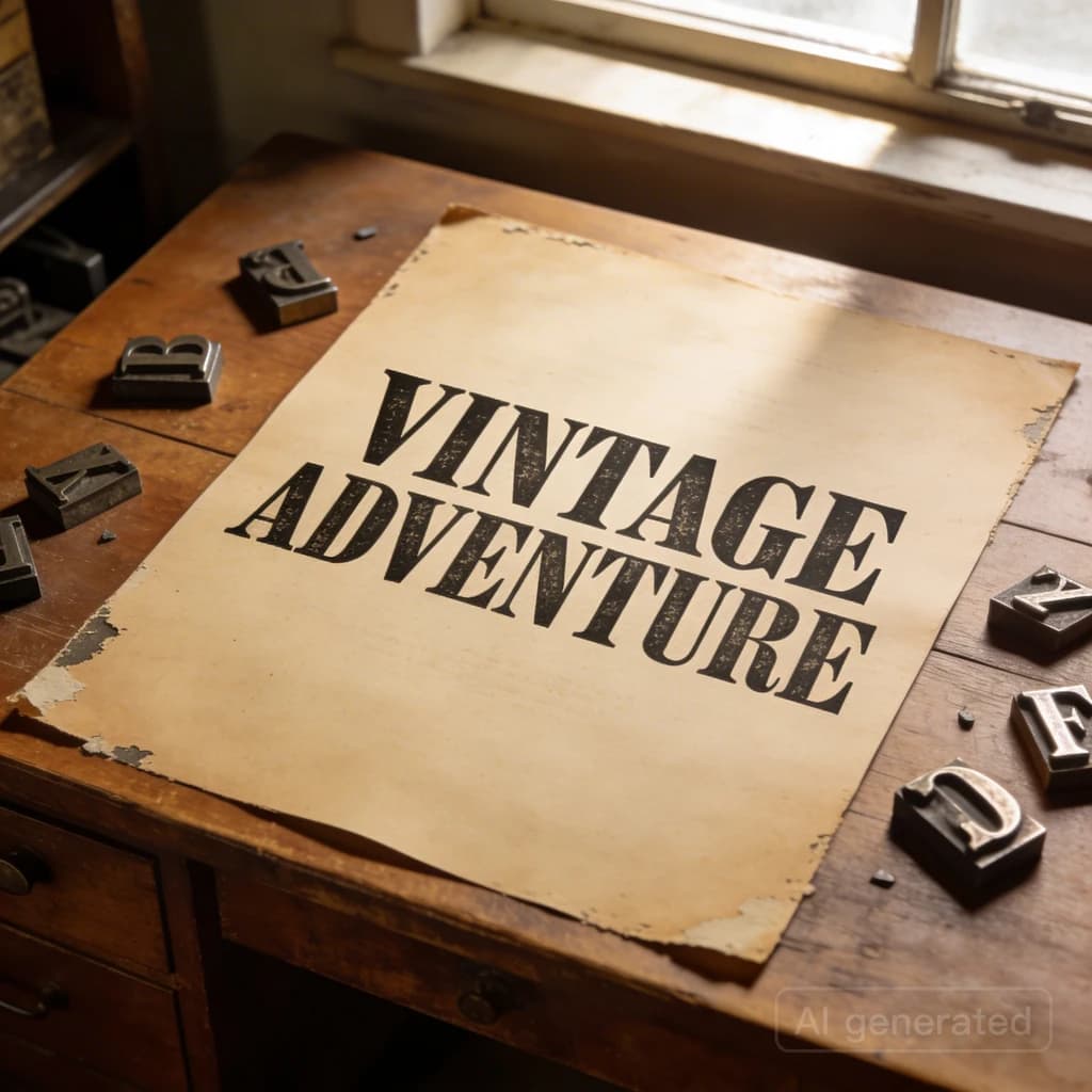 A vintage letterpress poster on a wooden desk: bold slab serif headline, tight kerning, misregistered ink, slightly worn edges, scattered metal type, soft window light.