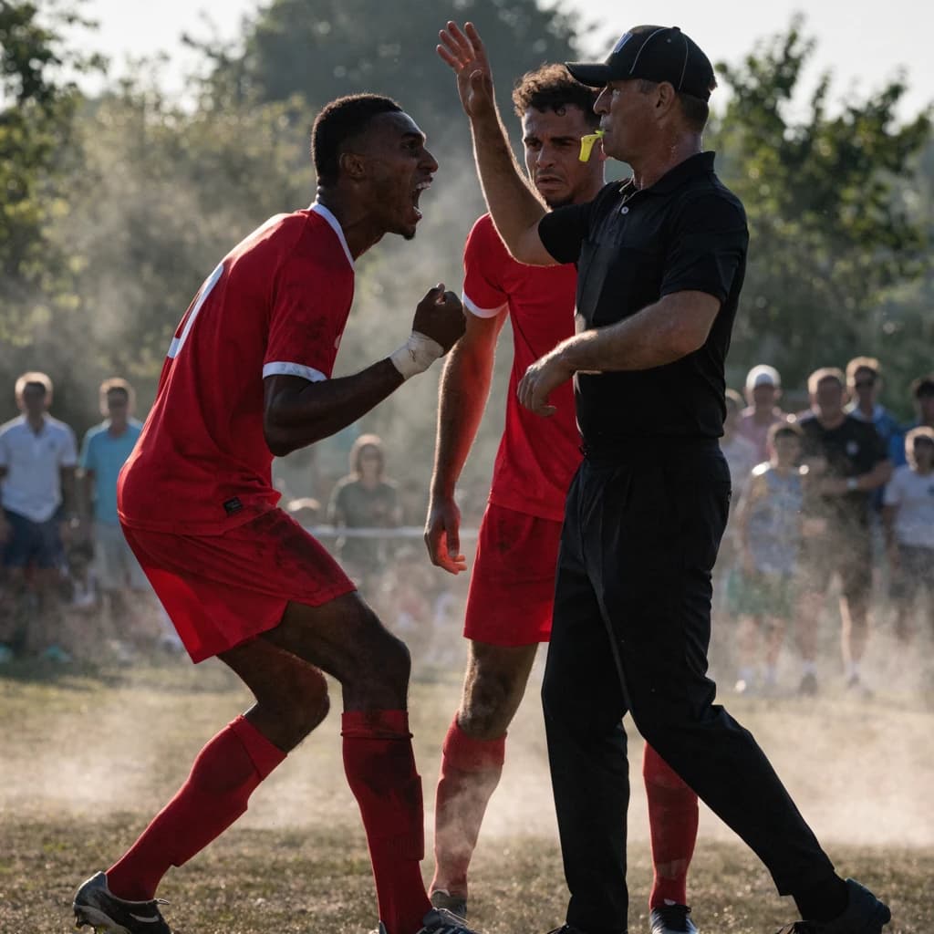 The soccer player clashes with the ref. It is thick and humid and the heat is getting to the players. His friend tries to pull him off before he causes any more trouble.