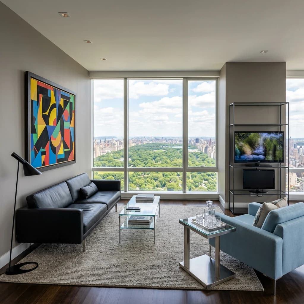 My apartment overlooks Central Park. It’s very luxurious, very expensive, and the furniture is minimal — a black leather couch, a glass coffee table with chrome legs, an Arne Jacobsen floor lamp. A big-screen television set rests on a steel shelving unit. A David Onica painting hangs above the couch. There’s a stainless steel and glass cocktail table. A powder-blue sofa. A thirty-inch digital TV.