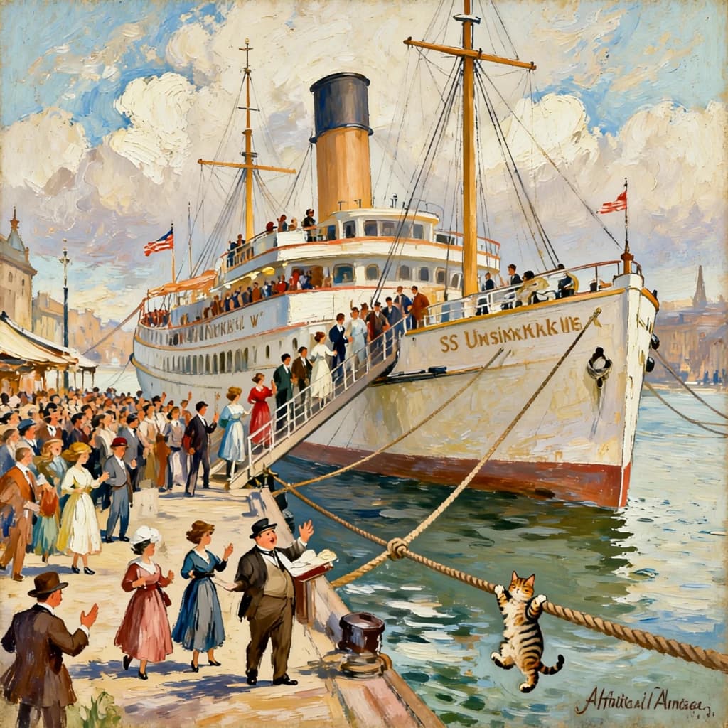 An impressionistic painting of the mighty steamer the "SS Unsinkable We Really Mean It This Time" on a cloudy but bright London morning about to set out on her maiden voyage. A jubilant crowd is gathered on the dock around the paunchy mayor who is making a speech, gesticulating wildly with his hands. The gangways are busy with well heeled ladies and gentlemen making their way onto the ship. A cheeky cat hangs over the water, clinging to the mooring rope after an ill-fated attempt to climb up. The artist has signed his name "Artificial Analysis" in the bottom corner
