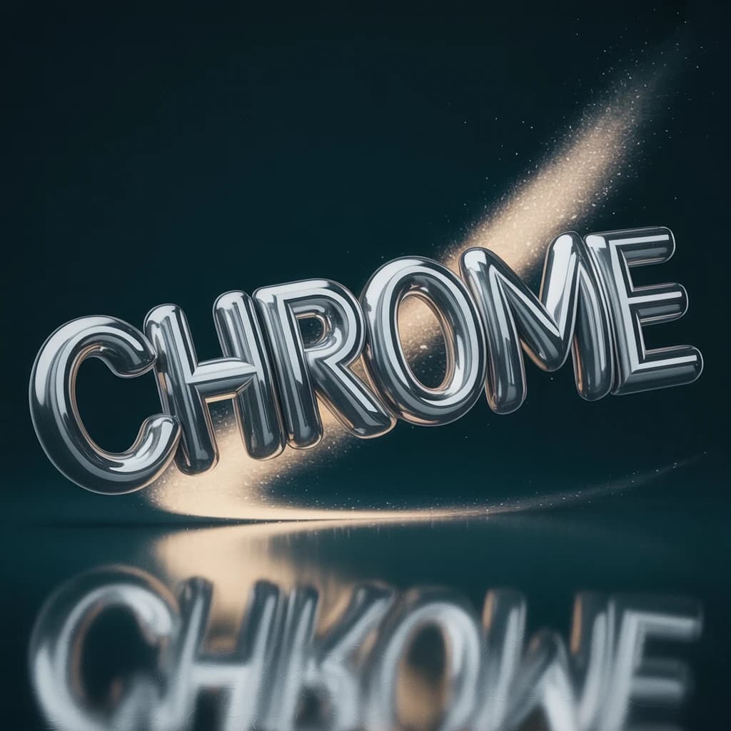 Render chrome 3D letters twisting in midair, soft glow, a bit of grain.
