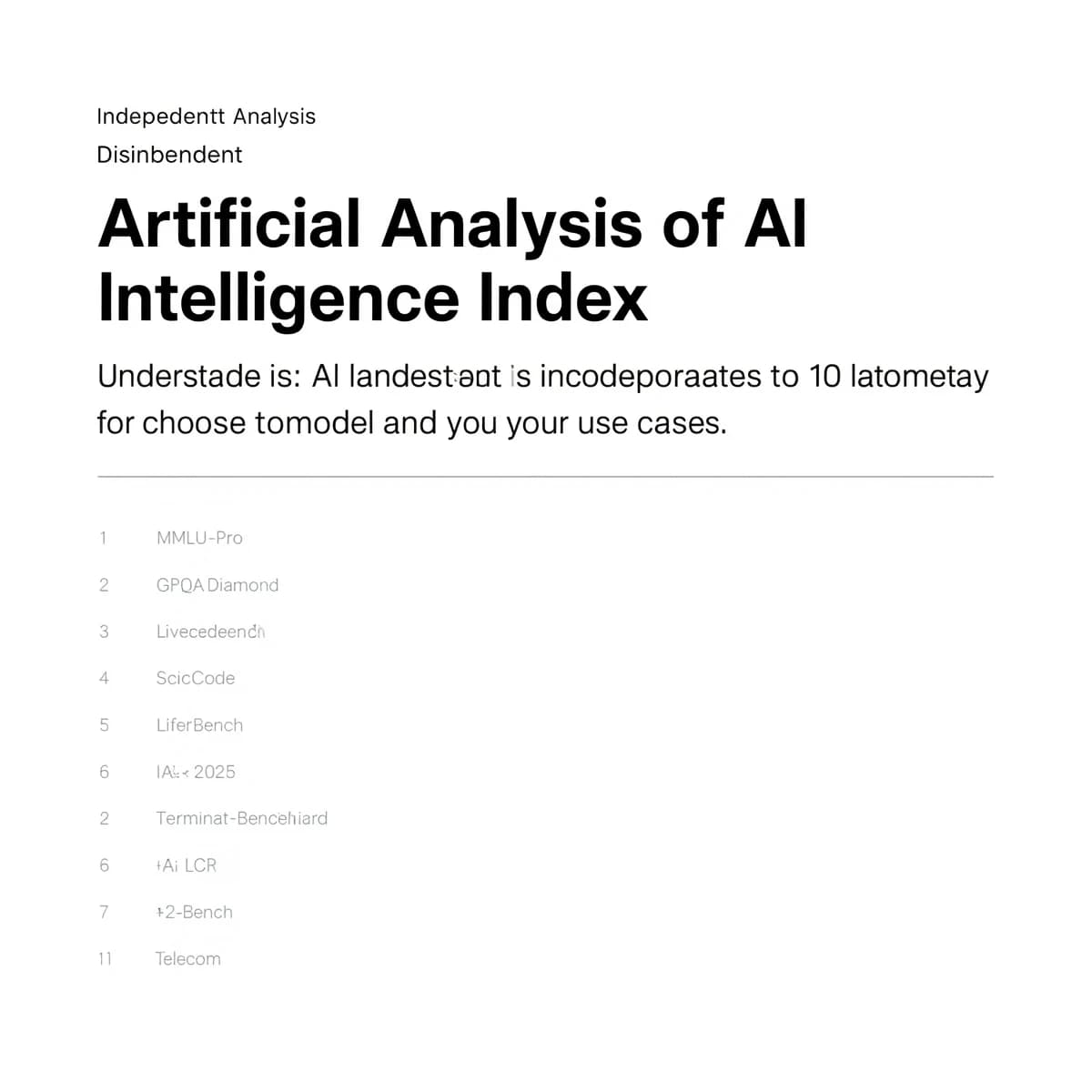 On a white dashboard with thin gray dividers, place a centered header in Helvetica Neue Bold, 20pt: “Independent analysis of AI - Understand the AI landscape to choose the best model and provider for your use case.” Directly beneath, a subheader in smaller Regular weight, 14pt: “Artificial Analysis Intelligence Index v3.0 incorporates 10 evaluations: MMLU-Pro, GPQA Diamond, Humanity's Last Exam, LiveCodeBench, SciCode, AIME 2025, IFBench, AA-LCR, Terminal-Bench Hard, 𝜏²-Bench Telecom.” The header is fully justified but the subheader is left-aligned. In the upper right corner, the Artificial Analysis logo appears watermarked, diagonal, faint gray, partially overlapping the scrollbar.